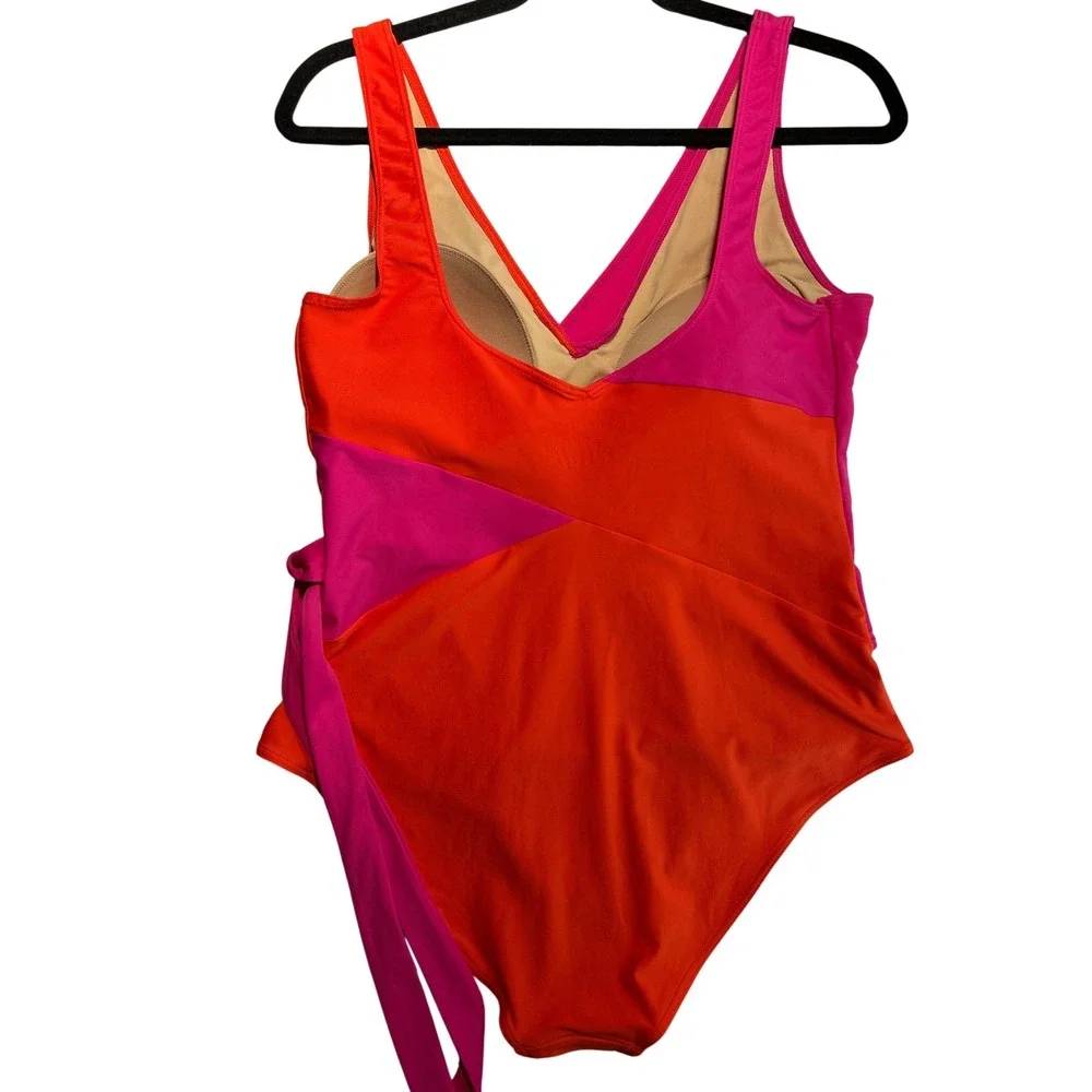 Summersalt The Perfect Wrap One-Piece Swimsuit Hibiscus Fuchsia Colorblock Sz 14